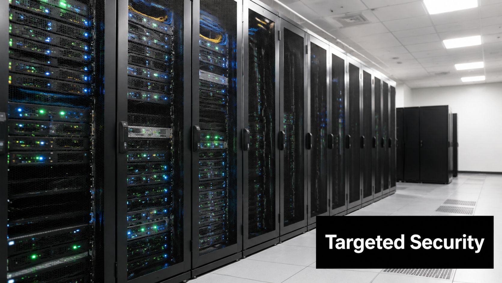 A row of black server racks in a secure data center facility with blue and green indicator lights.