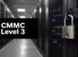Data center hallway with server racks and a large banner reading 'CMMC Level 3', indicating compliance testing or certification requirements.