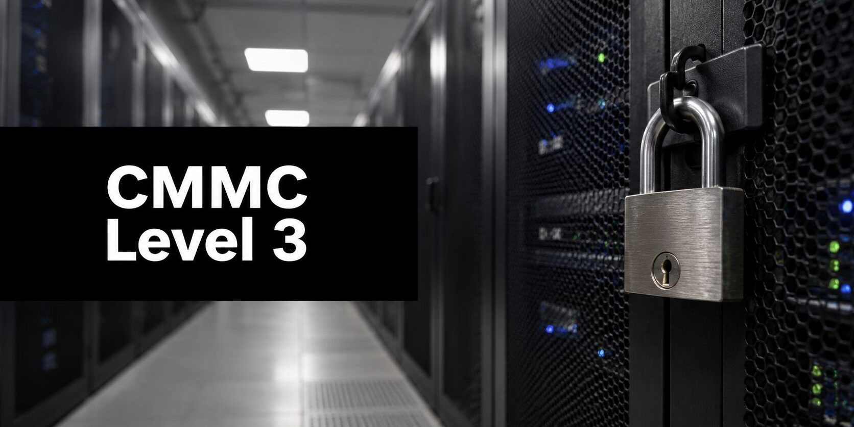 Data center hallway with server racks and a large banner reading 'CMMC Level 3', indicating compliance testing or certification requirements.