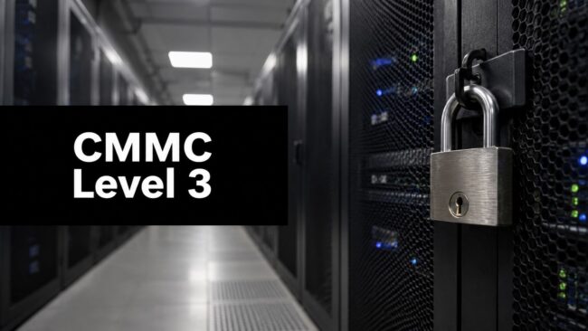 cmmc-level-3-security-padlock Data center hallway with server racks and a large banner reading 'CMMC Level 3', indicating compliance testing or certification requirements.