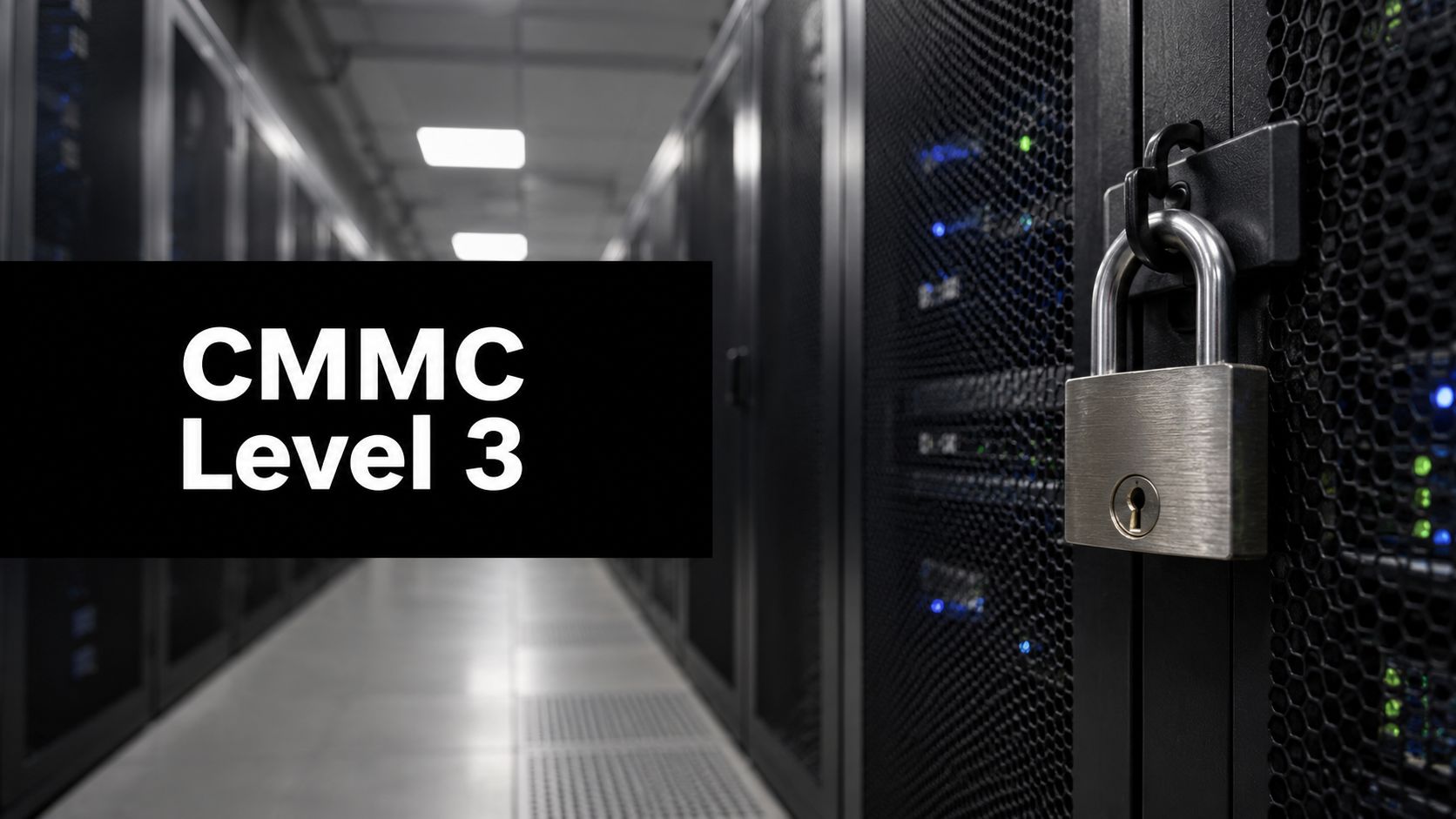 Data center hallway with server racks and a large banner reading 'CMMC Level 3', indicating compliance testing or certification requirements.