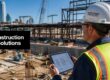 Construction site scene with a worker in a hard hat and neon safety vest reviewing blueprints on a tablet; a black banner reads 'Construction IT Solutions'.