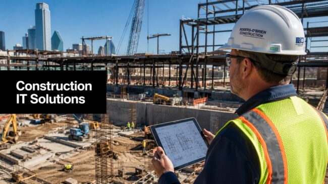 Construction site scene with a worker in a hard hat and neon safety vest reviewing blueprints on a tablet; a black banner reads 'Construction IT Solutions'.