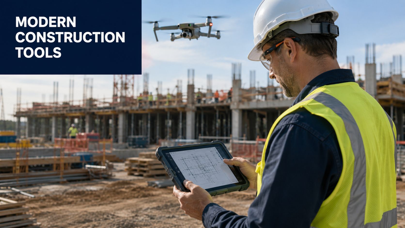A construction engineer using a tablet to inspect a building site with a flying drone overhead.