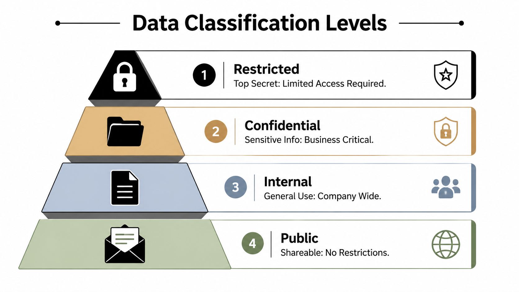 A hierarchical pyramid chart illustrating four levels of organizational data classification from restricted to public information.