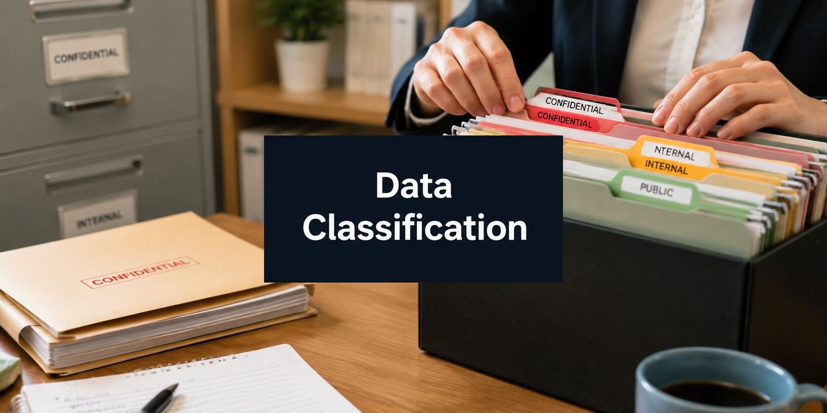 data-classification-policy-data-organization Hands sorting color-coded folders labeled Confidential, Internal, and Public in a desk file box; a notebook and coffee mug nearby.