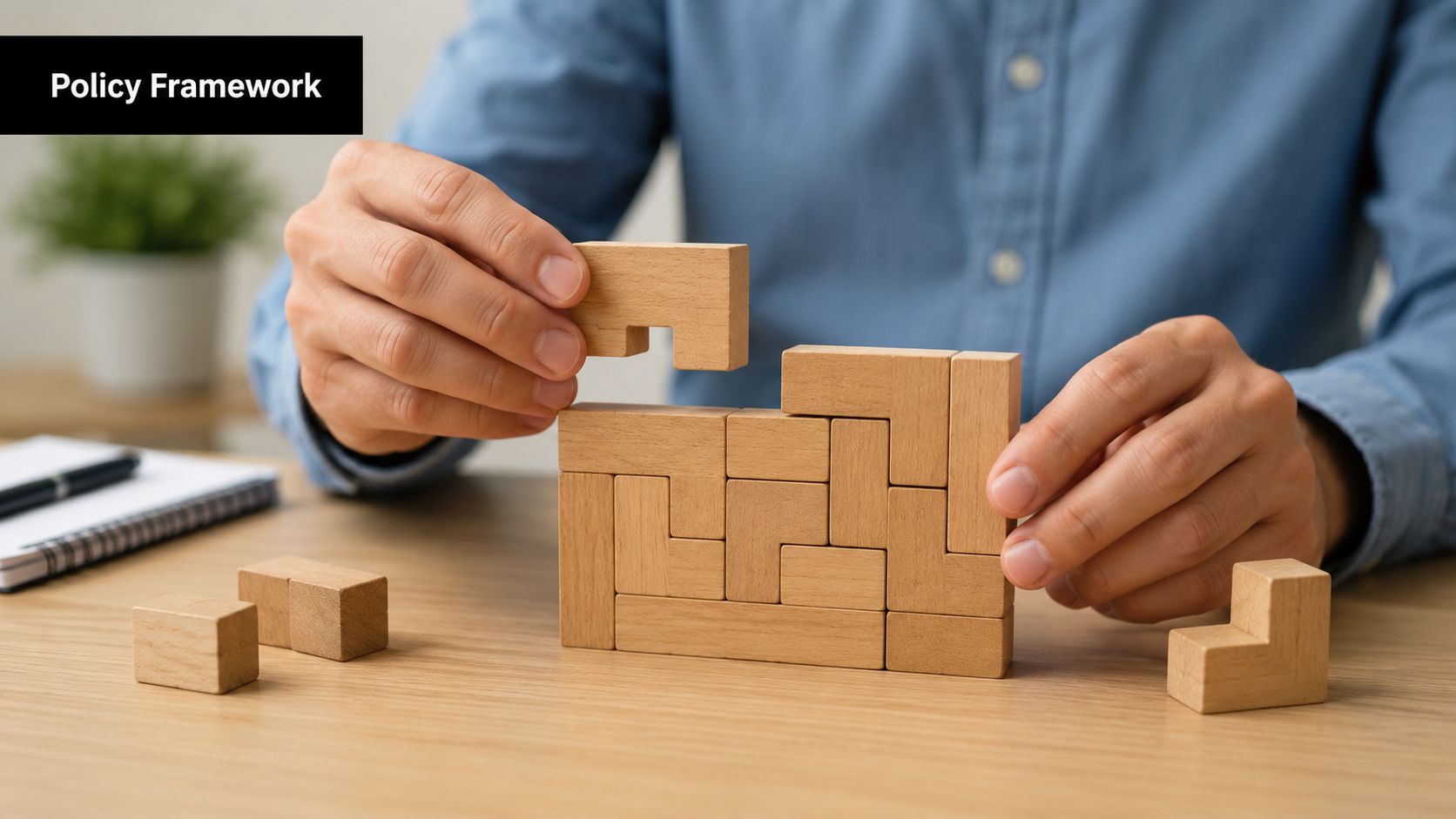 A person assembling a complex wooden block puzzle on a desk, representing a structured business framework.