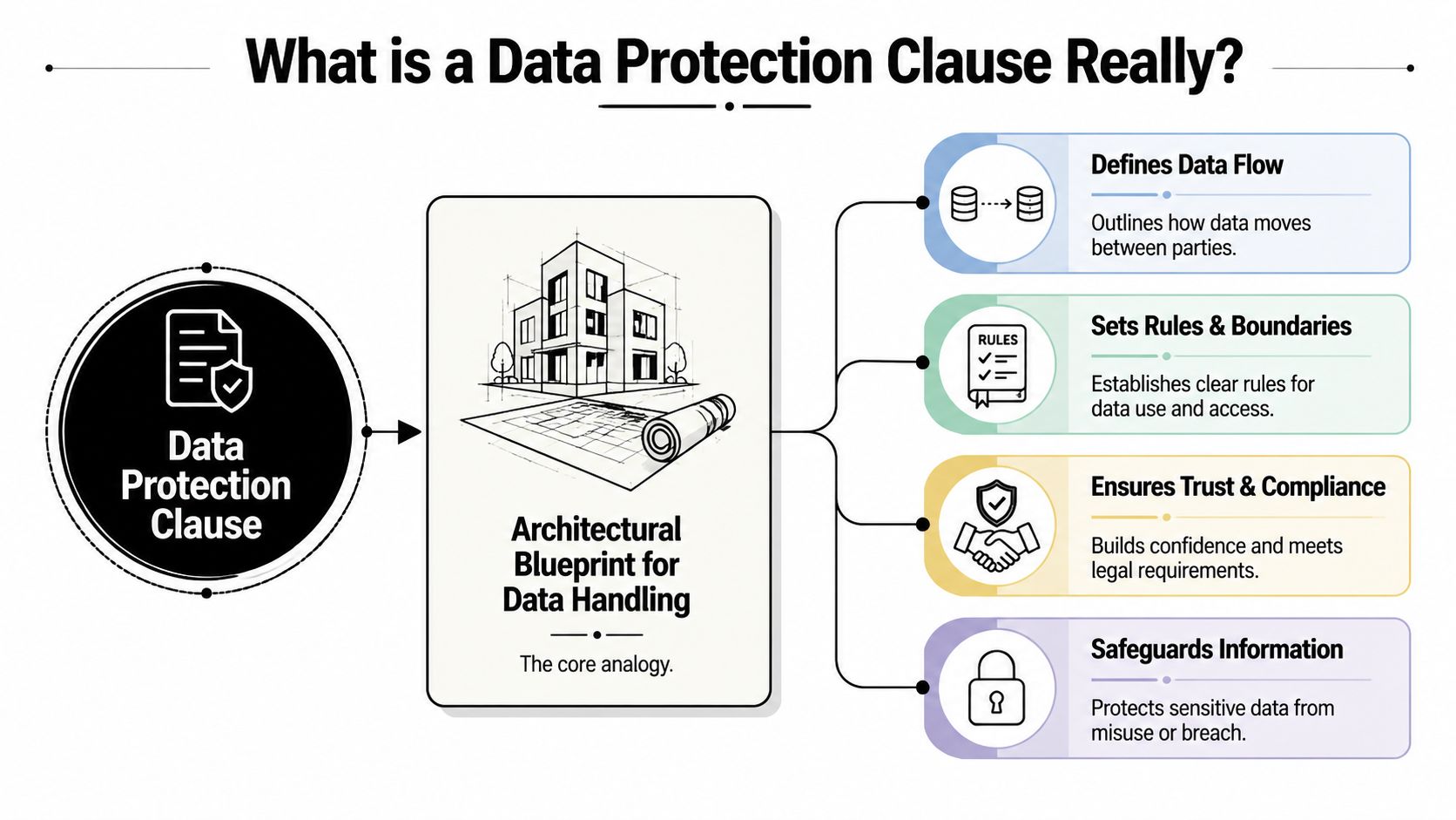An infographic explaining a data protection clause as an architectural blueprint for secure information handling and compliance.