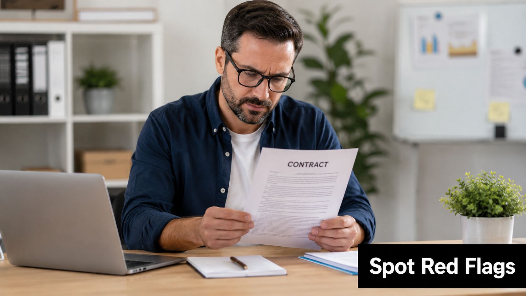 A professional man in glasses sitting at his desk, carefully reviewing a contract document for red flags.