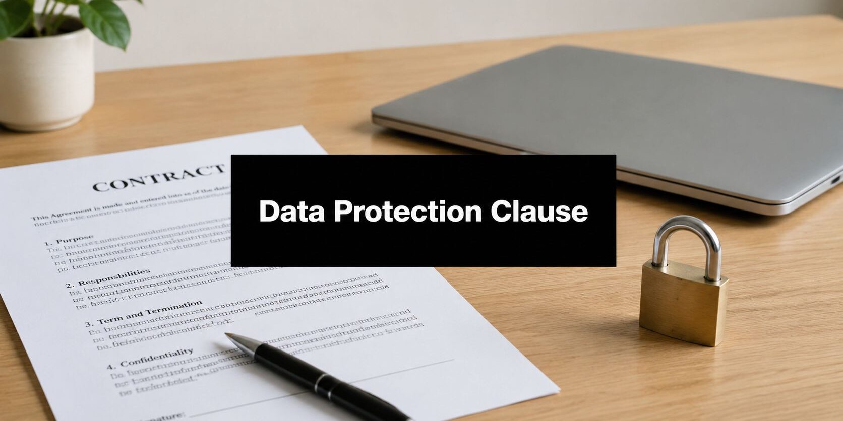 Legal contract on a wooden desk with a padlock and pen, highlighting a data protection clause.
