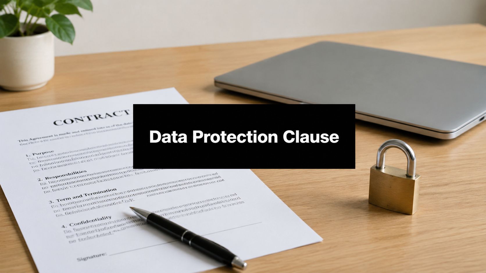 Legal contract on a wooden desk with a padlock and pen, highlighting a data protection clause.