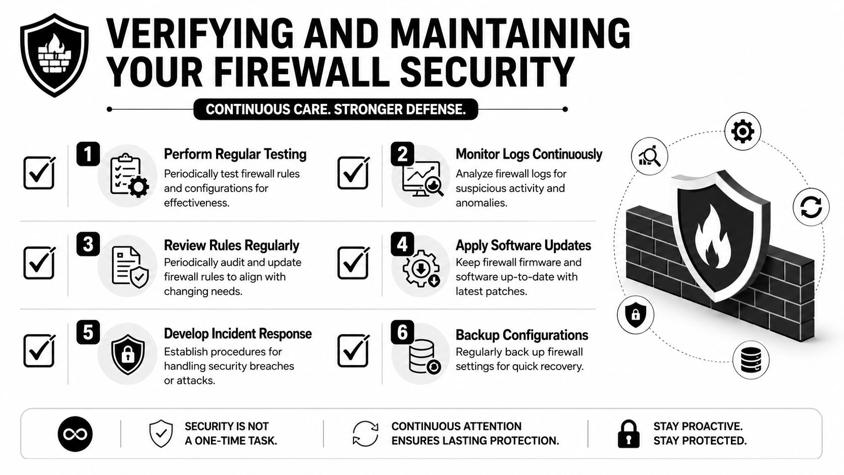 A six-step infographic guide detailing best practices for maintaining firewall security to ensure consistent network protection.