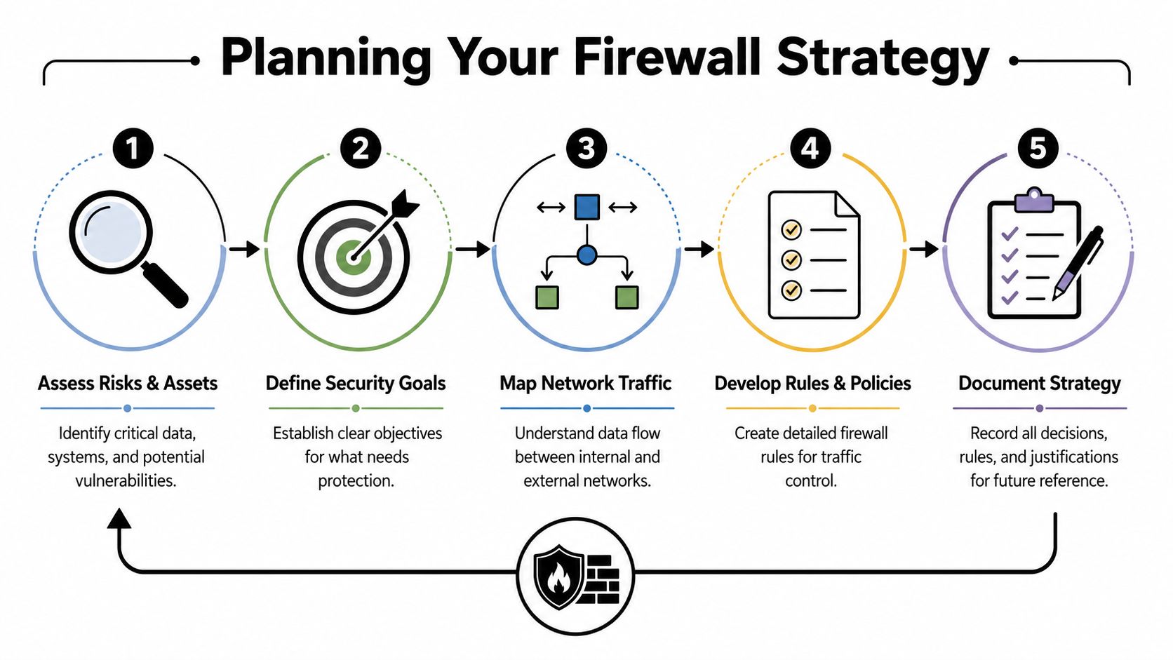 A five-step infographic showing the process for planning and implementing a secure firewall strategy for networks.