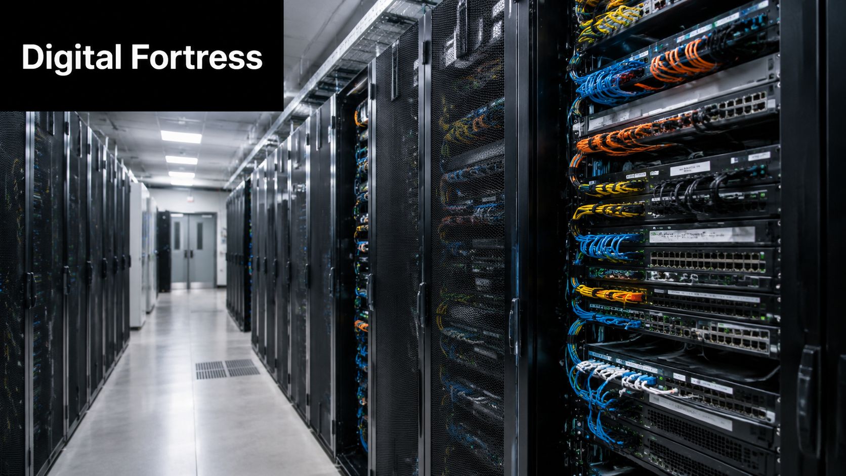 A brightly lit server room with rows of black server racks filled with network cables and equipment.