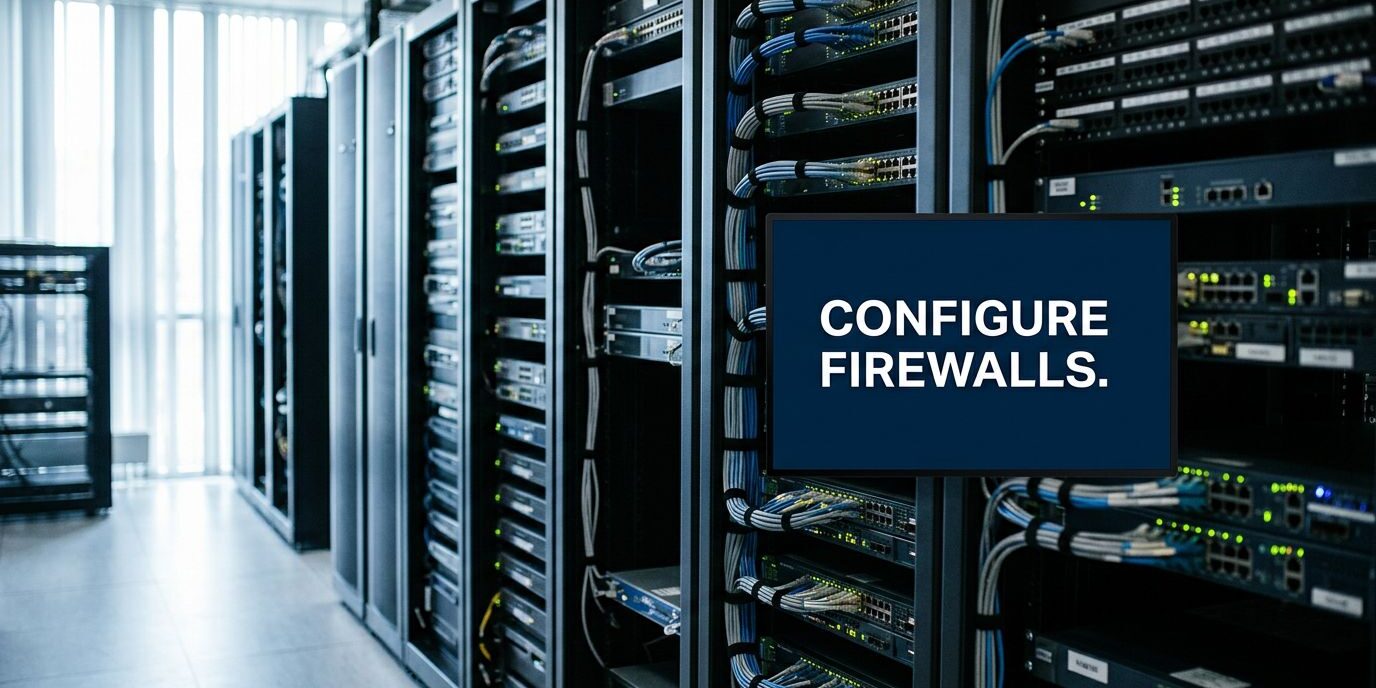 Data center with rows of server racks; a blue screen displays the message 'CONFIGURE FIREWALLS'.
