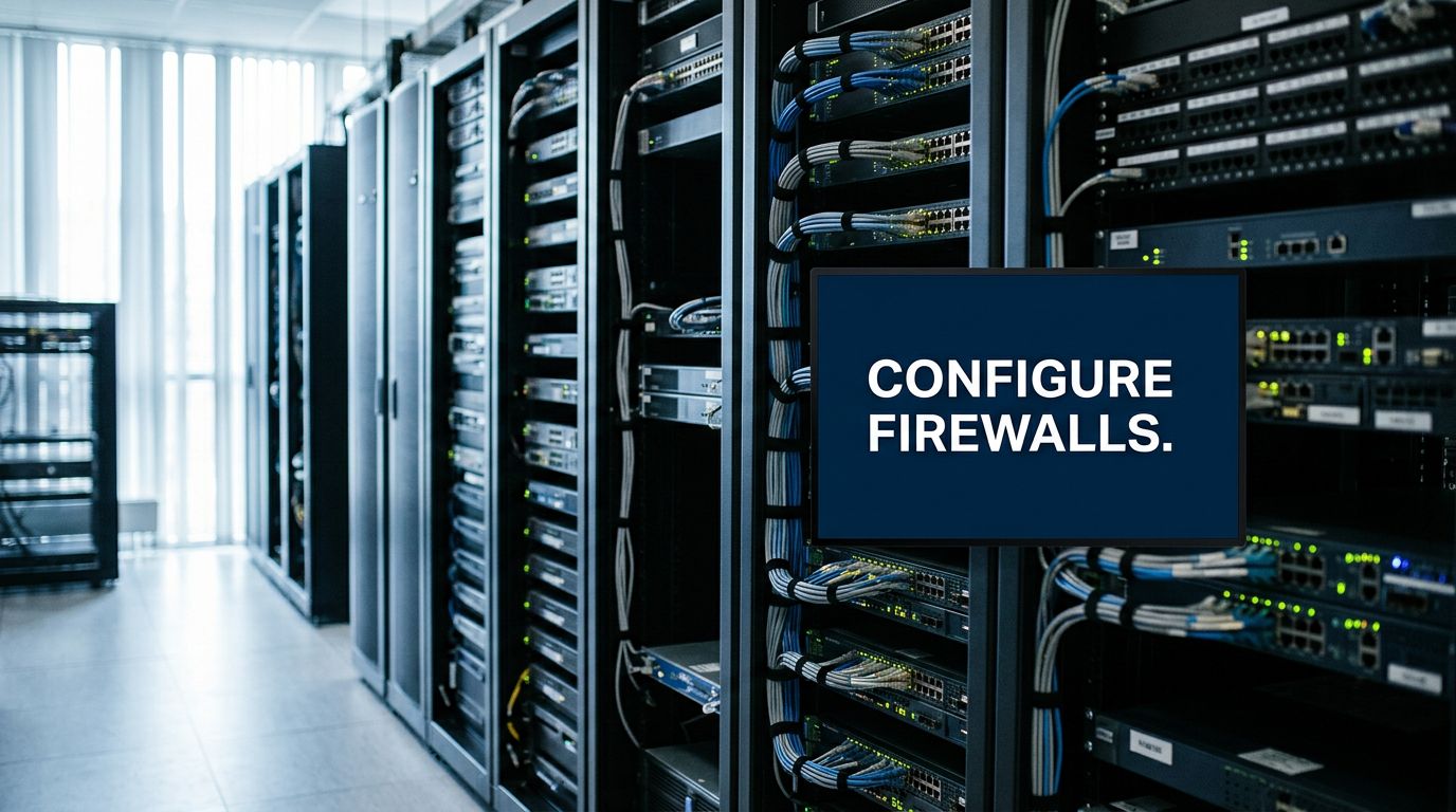 Data center with rows of server racks; a blue screen displays the message 'CONFIGURE FIREWALLS'.