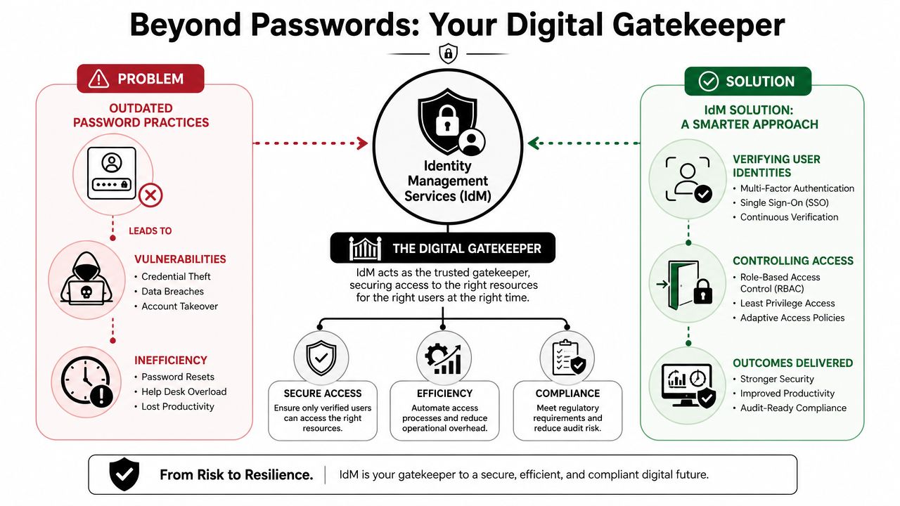 A diagram explaining the benefits of Identity Management Services as a solution for outdated password security practices.