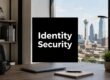 Desk setup with laptop, notebook and mug; monitor shows 'Identity Security' against a city skyline view.