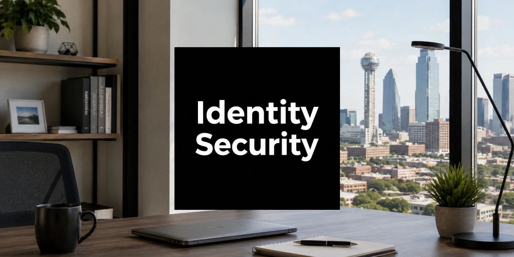 Desk setup with laptop, notebook and mug; monitor shows 'Identity Security' against a city skyline view.