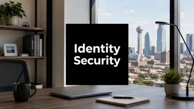 identity-management-services-identity-security Desk setup with laptop, notebook and mug; monitor shows 'Identity Security' against a city skyline view.
