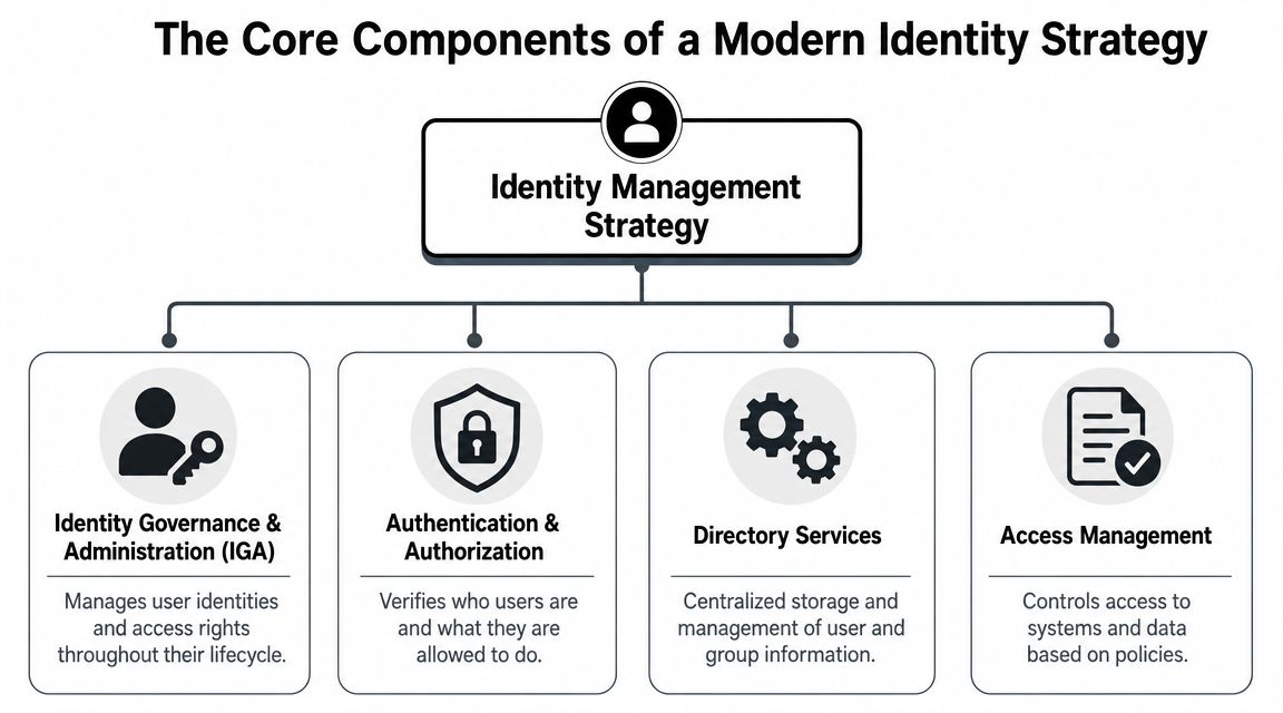 A diagram illustrating the four core components of a modern identity management strategy for cybersecurity.