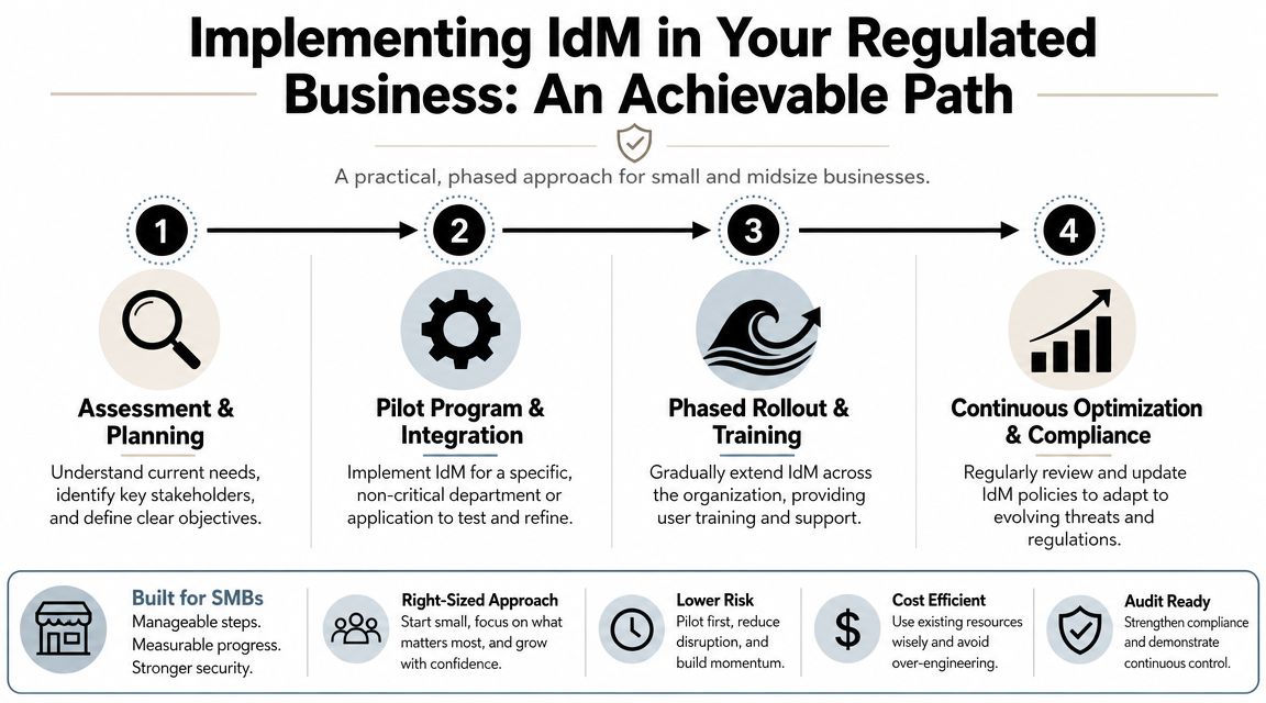 A four-step infographic showing a phased implementation path for identity management in regulated business environments.