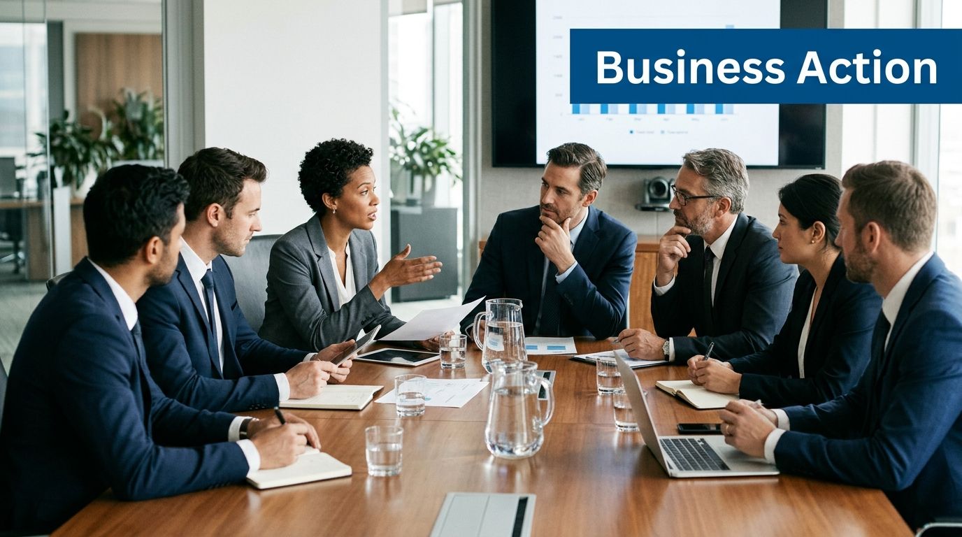 A professional business team having a collaborative meeting around a conference table in an office setting.
