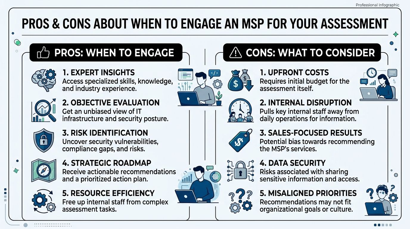 An infographic detailing the pros and cons of hiring an MSP for an IT infrastructure assessment.