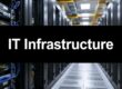 Data center corridor with server racks and blue network cables, overlaid by a bold black banner reading IT Infrastructure.