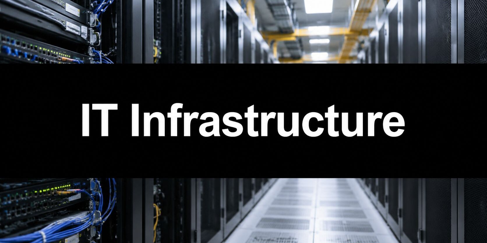 Data center corridor with server racks and blue network cables, overlaid by a bold black banner reading IT Infrastructure.