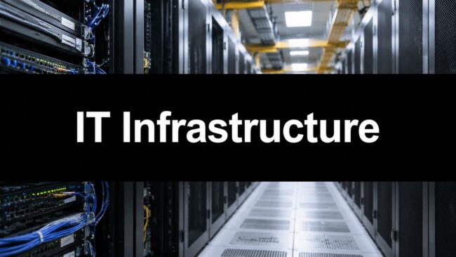 it-infrastructure-assessment-server-room Data center corridor with server racks and blue network cables, overlaid by a bold black banner reading IT Infrastructure.