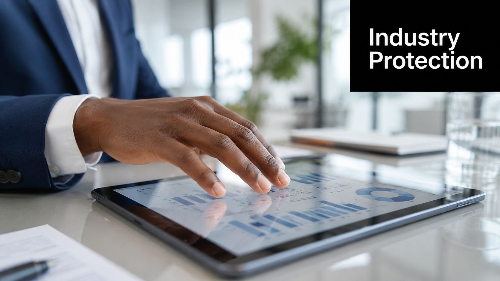A professional in a business suit using a digital tablet to review data charts in an office.