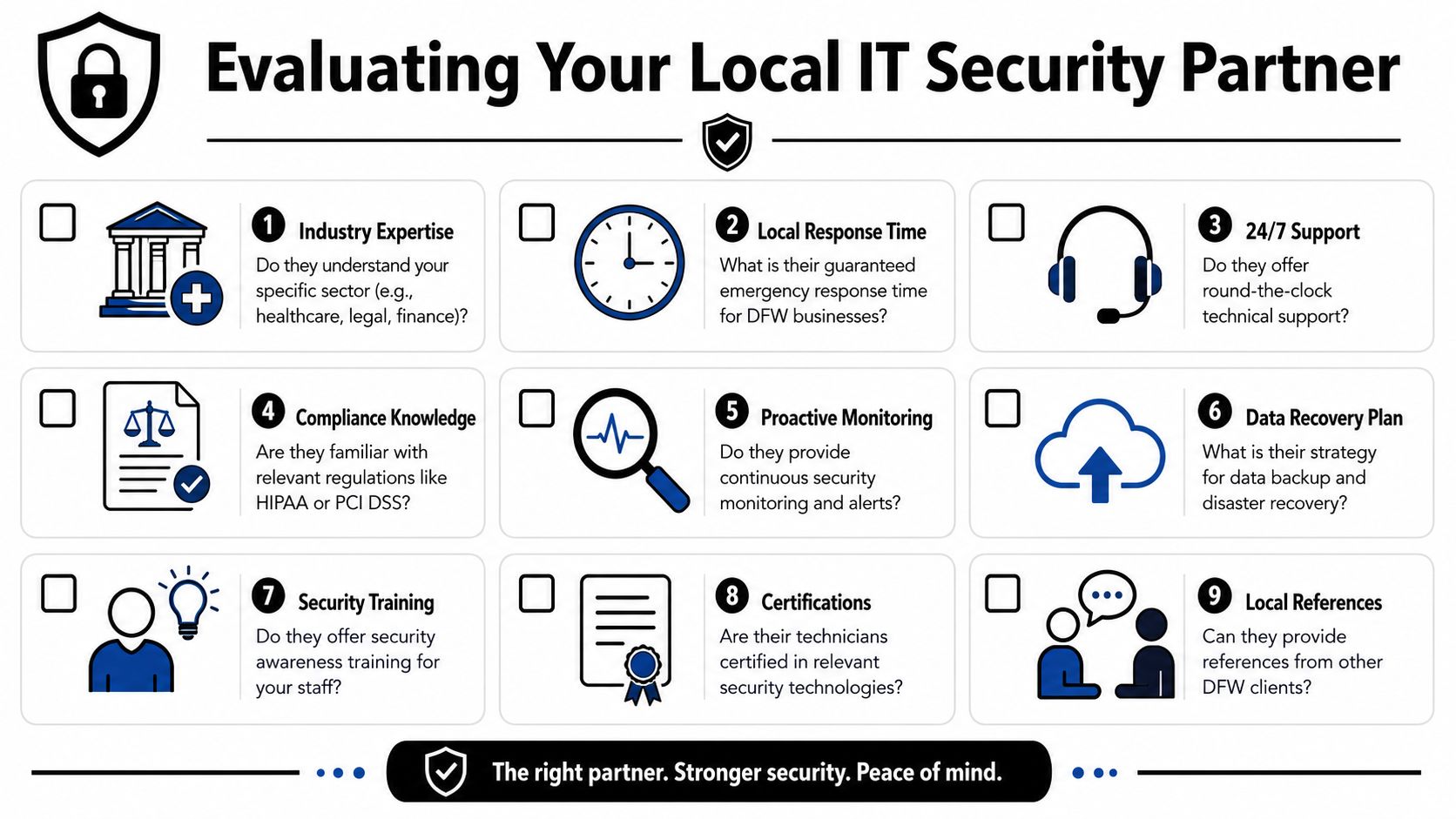 A checklist infographic titled Evaluating Your Local IT Security Partner, featuring nine key criteria for choosing providers.