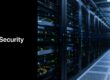 Server racks in a blue-lit data center corridor; the left side shows a black panel with the text 'IT Security'.