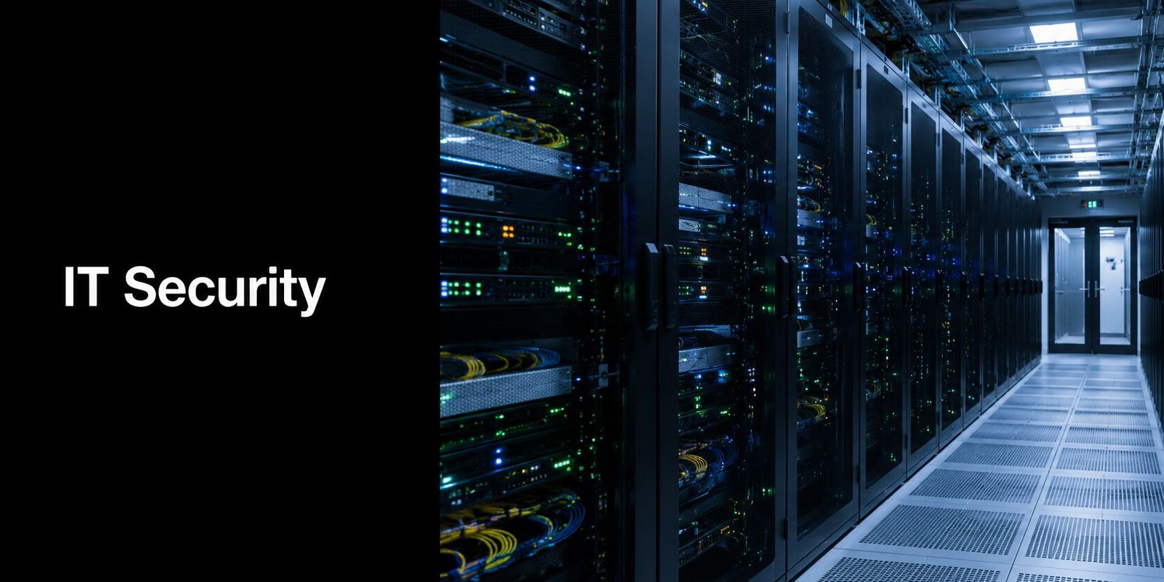 Server racks in a blue-lit data center corridor; the left side shows a black panel with the text 'IT Security'.