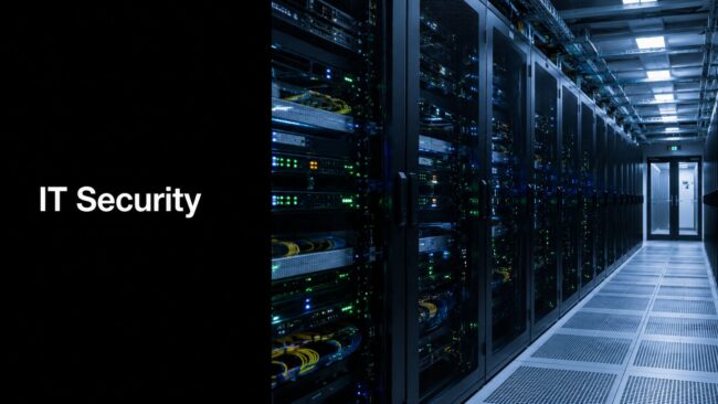 Server racks in a blue-lit data center corridor; the left side shows a black panel with the text 'IT Security'.