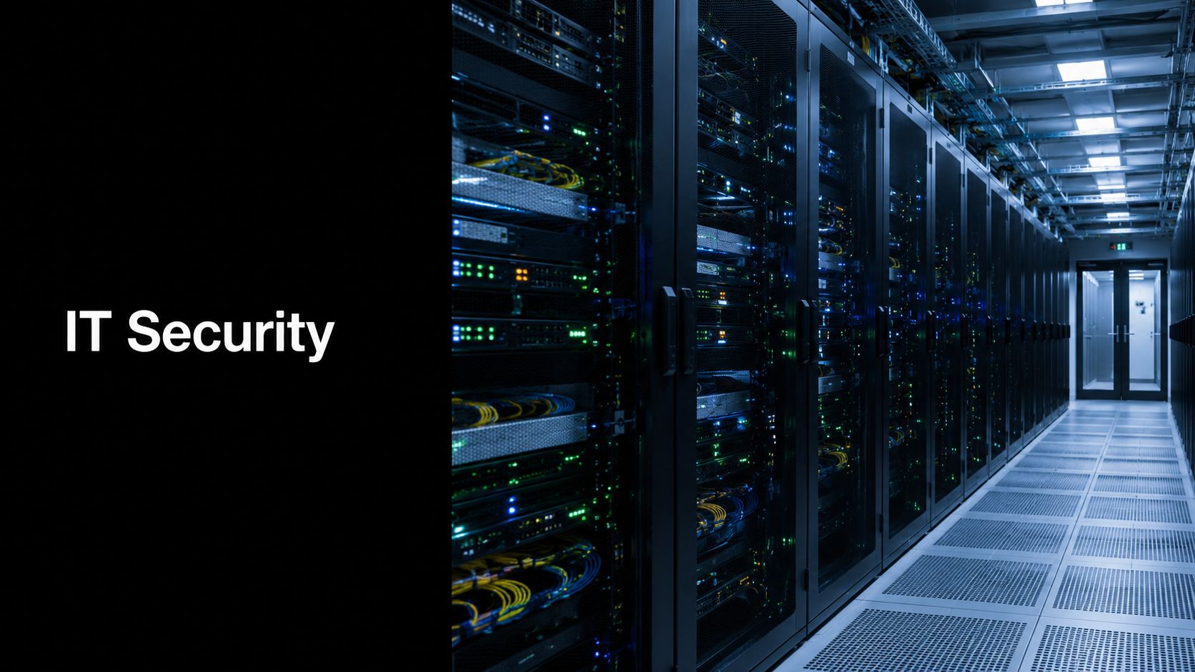Server racks in a blue-lit data center corridor; the left side shows a black panel with the text 'IT Security'.