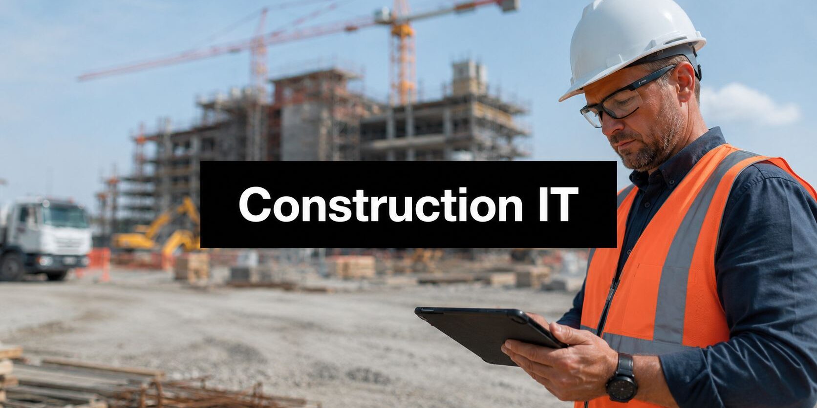 Construction worker in a high-visibility vest and white hard hat inspecting a tablet at a construction site, with a building under construction in the background.
