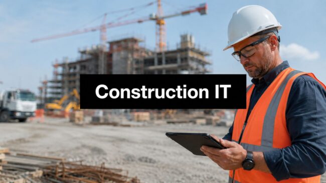 Construction worker in a high-visibility vest and white hard hat inspecting a tablet at a construction site, with a building under construction in the background.