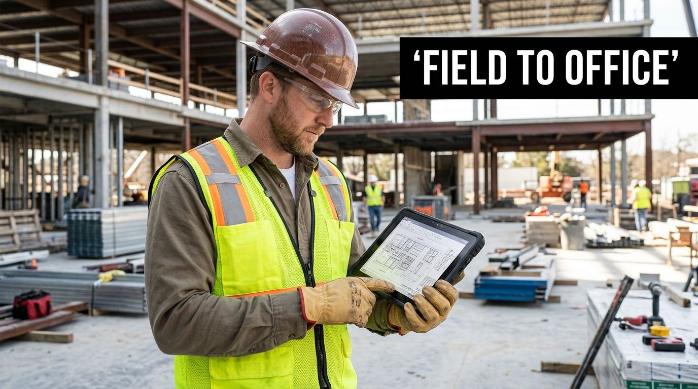 A construction worker in a safety vest and hard hat reviewing building blueprints on a digital tablet.