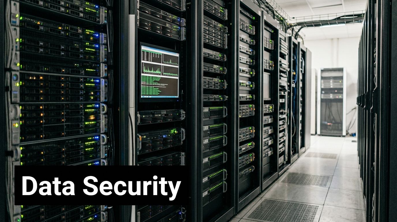 Rows of illuminated server racks in a modern data center with a Data Security overlay.