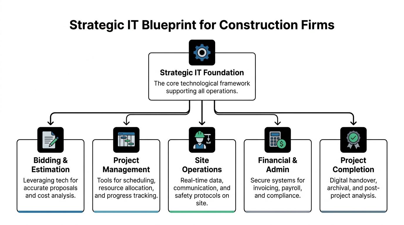 A diagram illustrating a strategic IT blueprint for construction firms covering core operations and project stages.
