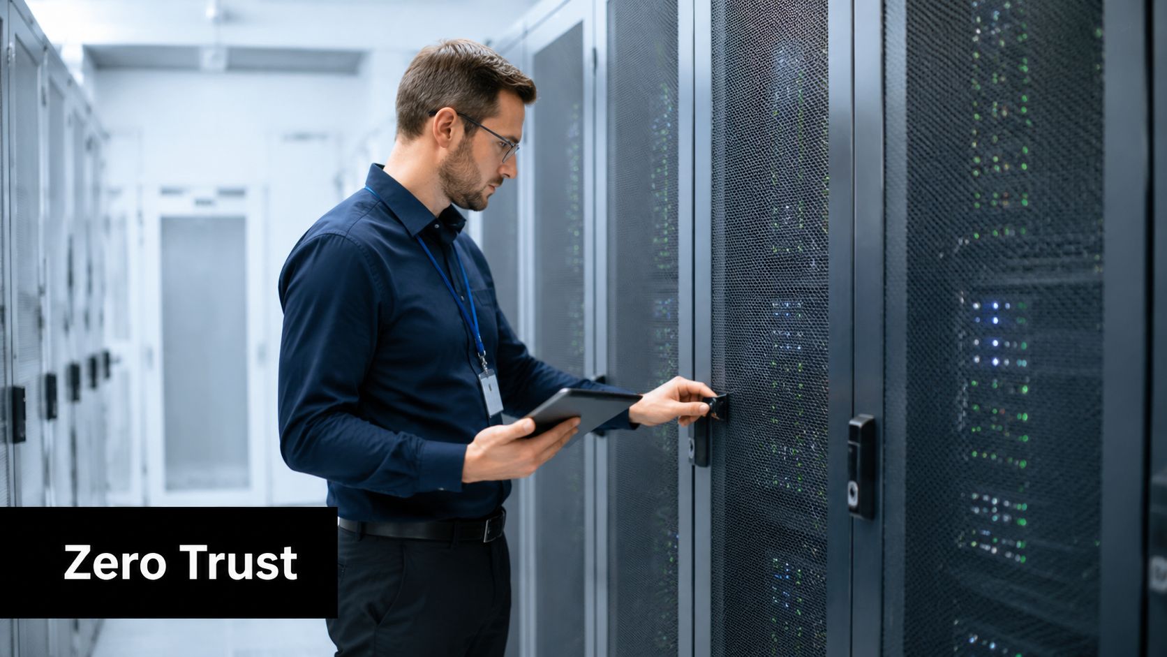 An IT technician in a data center inspecting server equipment while holding a digital tablet device.