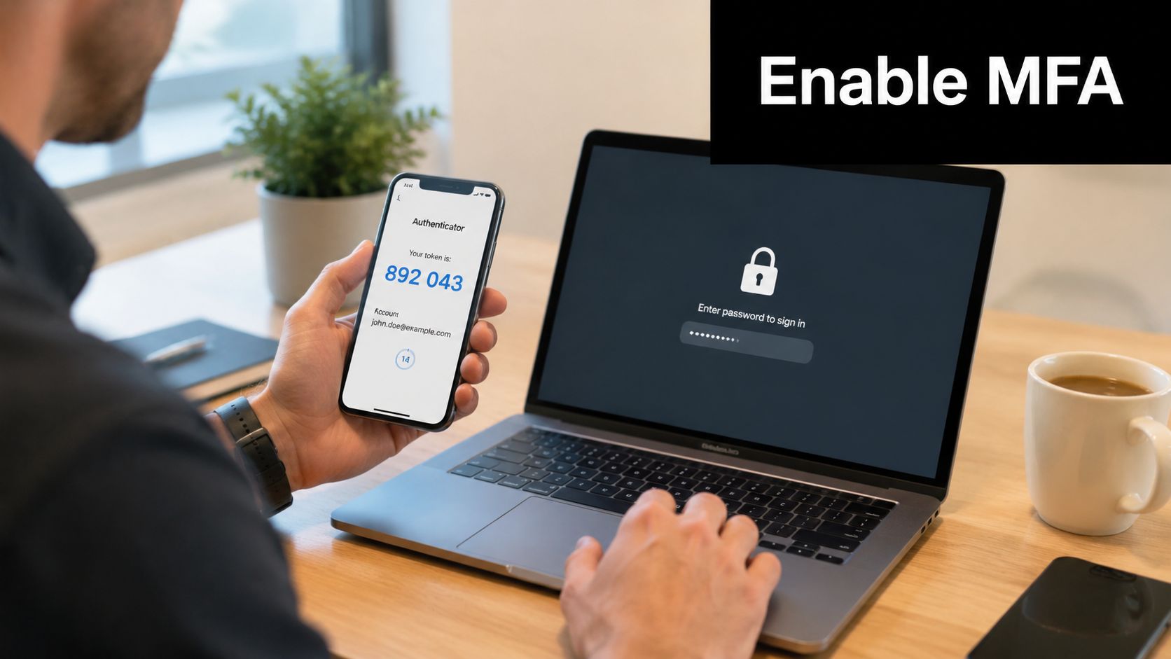 A person using an authenticator app on a phone while logging into a secure laptop computer.