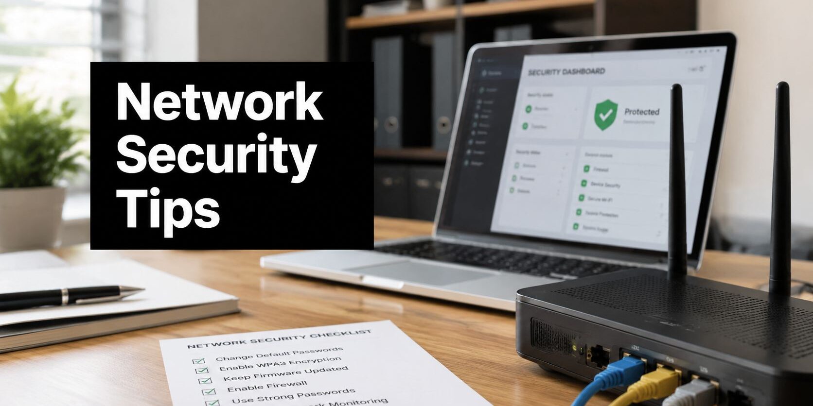 Hero image for a network security tips article: a laptop with a security dashboard on screen, a black sign reading 'Network Security Tips' on the left, and a router with cables on a wooden desk beside a checklist.