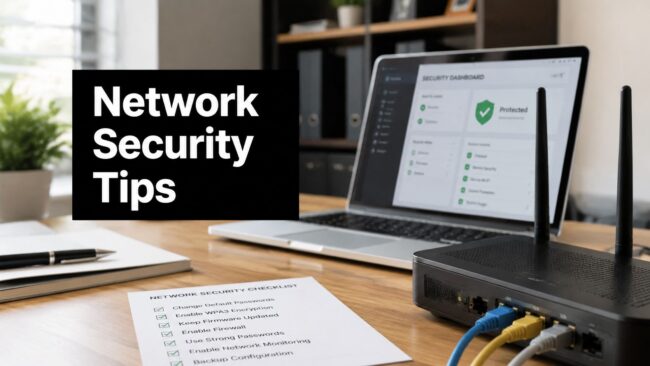 Hero image for a network security tips article: a laptop with a security dashboard on screen, a black sign reading 'Network Security Tips' on the left, and a router with cables on a wooden desk beside a checklist.