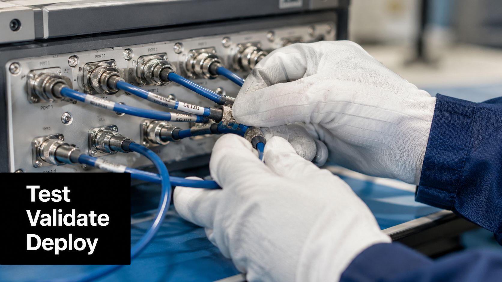 A technician wearing white protective gloves connects blue cables into a technical equipment panel.