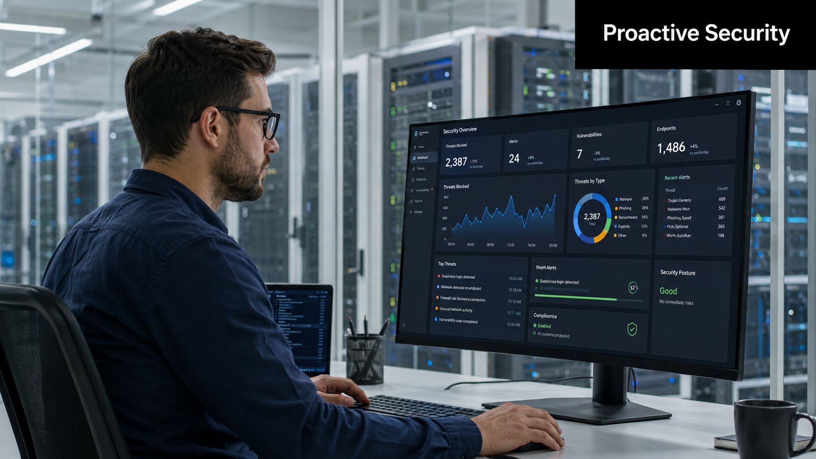 A cybersecurity professional monitoring a dashboard displaying real-time threat data and security metrics in a server room.