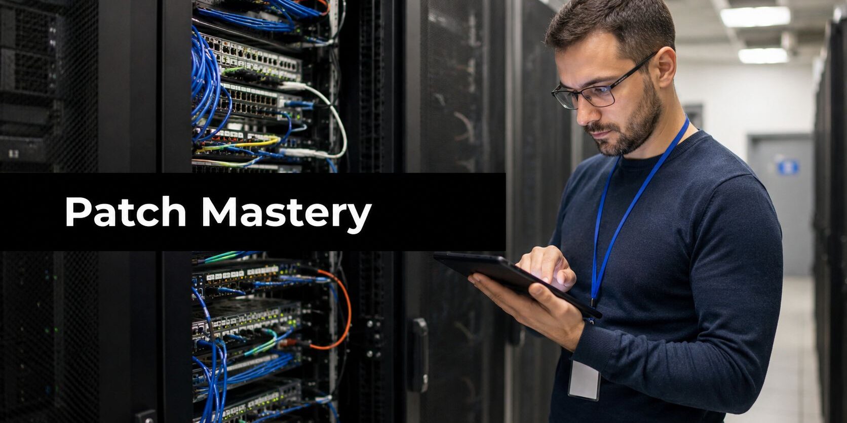 Tech professional in a data center inspecting a server rack with a tablet; banner reads Patch Mastery across the image.