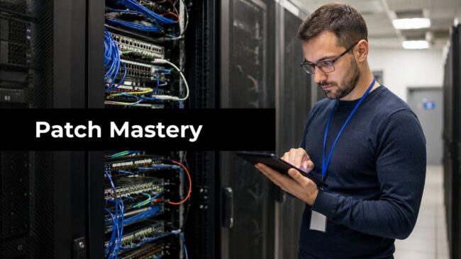 Tech professional in a data center inspecting a server rack with a tablet; banner reads Patch Mastery across the image.